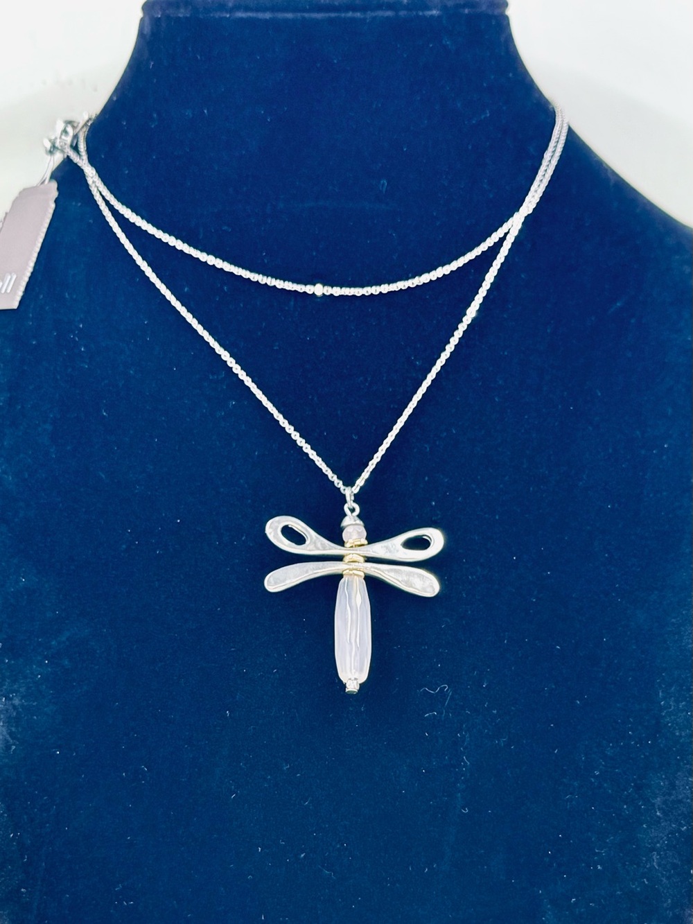 J. Jill Silver-Tone Dragonfly Necklace with Pale Quartz Body Toggle Close 35”NWT